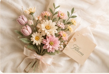 Fleoora handmade bouquet with ribbon and tag